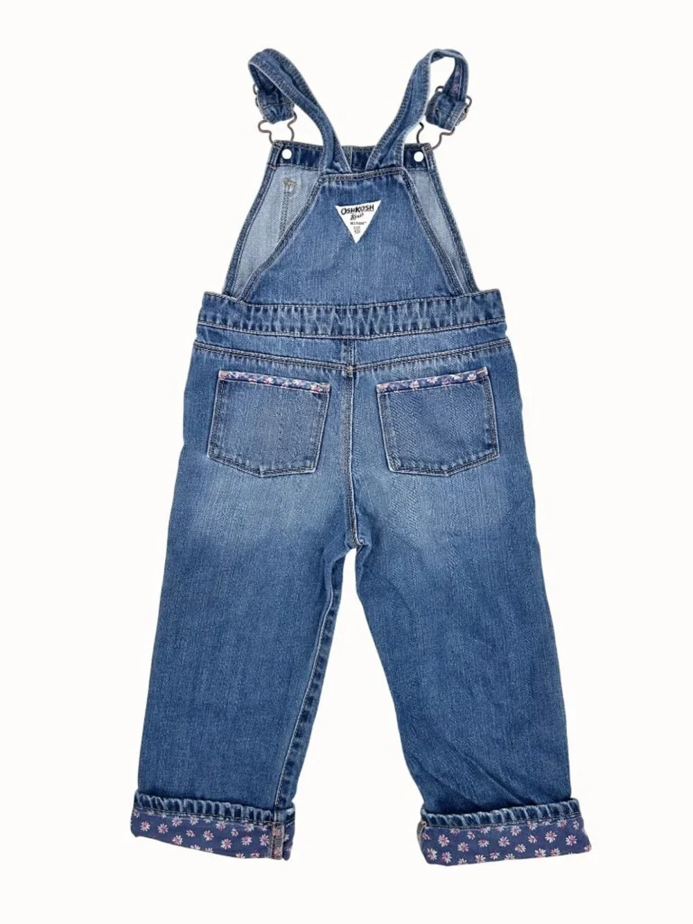 OSHKOSH BGOSH 4T GIRLS DENIM OVERALLS W/ FLORAL CUFF ACCENTS & ADJUSTABLE STRAPS